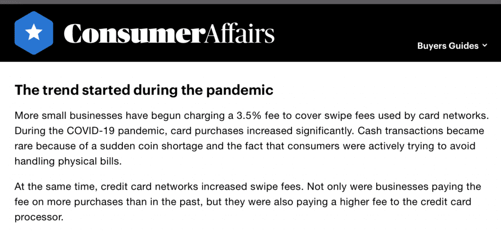 Consumer affairs 3.5% credit card processing fee