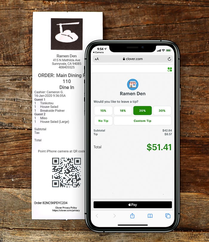 Clover Scan to Pay Phone and receipt
